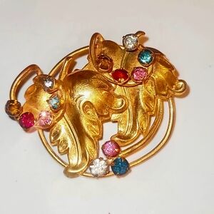 Elegant Gold Leaf Brooch with Multicolor Gemstones, Vintage Jewelry